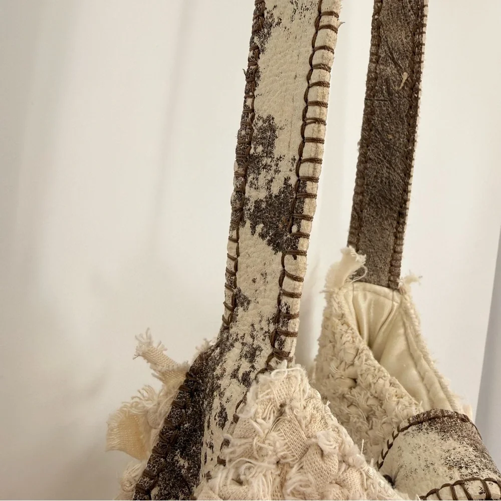 Handmade Boho Crochet Crossbody Bag Leather Trim‎ Satin Lined Neutral Rustic - Picture 5 of 15